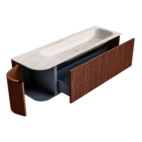 MONDIAZ KURVE-DLUX meuble de salle de bains 145cm arrondi à gauche couleur Ruby avec 1 tiroir et 1 porte. Lavabo BIG LARGE à droite sans trou de robinet Meli. SW1432055