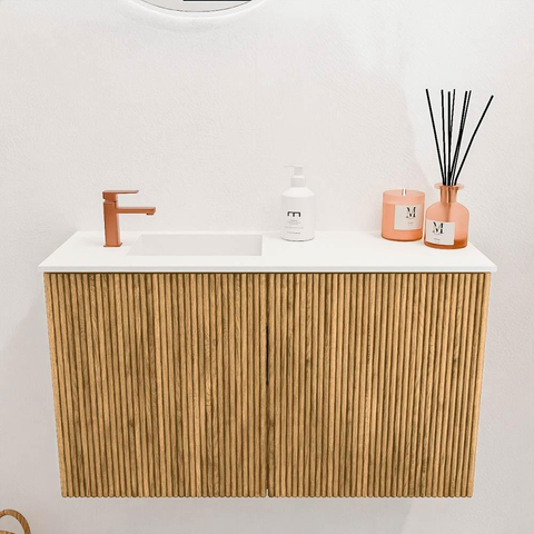 Mondiaz JOYA 70cm toiletmeubel - kleur Oak - Wastafel FAYE positie Links 1 kraangat kleur Talc. SW1421107