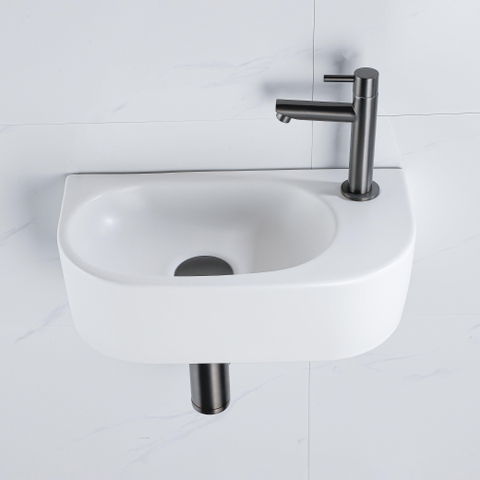 Fugaflow Efficiente Pietra Ensemble lave-mains - 40x21.5x12cm - droite - lisse - demi-ronde - 1 trou de robinet - céramique - robinet lave-mains gunmetal - bouchon de vidage - siphon abaissé - blanc mat SW1442362