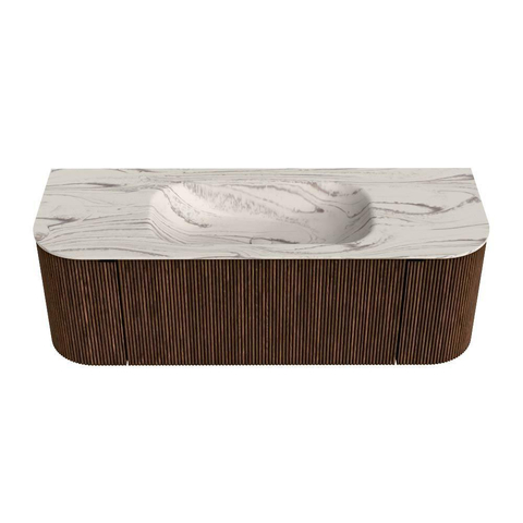 MONDIAZ KURVE-DLUX 130cm badmeubel ronding Links + Rechts kleur Walnut met 1 lade en 2 deuren. Wastafel BIG SMALL Midden 1 kraangat Nata. SW1432180