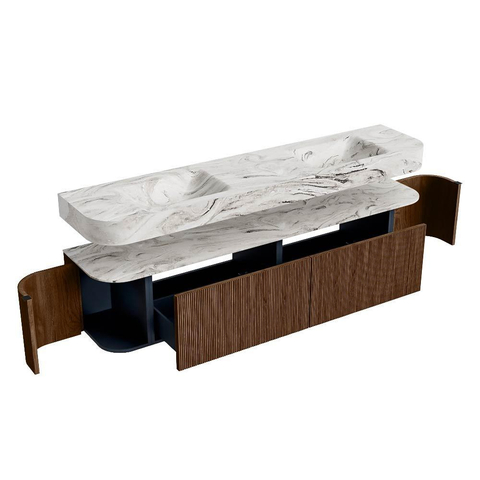 MONDIAZ THOR-DLUX 200cm badmeubel ronding links + rechts kleur Walnut met 2 lades en 2 deuren. Vrijhangende wastafel CLOUD Dubbel zonder kraangat kleur Glace. SW1466998