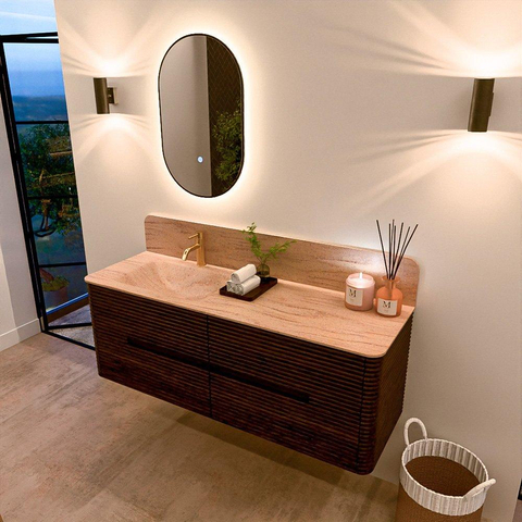 Mondiaz CIRO-DLUX Ensemble de meubles de salle de bains - 140x45x50cm - Plan-vasque Solid surface Saba - 1 lavabo à gauche - 1 trou de robinetterie - 4 tiroirs - Noyer SW1530670