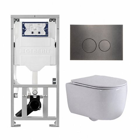 QeramiQ Dely Swirl Toiletset - 36.3x51.7cm - diepspoel - rimless - Geberit UP320 inbouwreservoir - met Burda frame - slim zitting - gunmetal bedieningsplaat - ronde knoppen - mat wit SW1126116