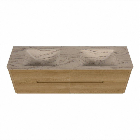 Mondiaz CIRO-DLUX Badkamermeubelset - 160x45x50cm - Solid surface wastafel Arena - 2 wasbak Dubbel - 2 kraangaten - 4 lades - Oak SW1531385