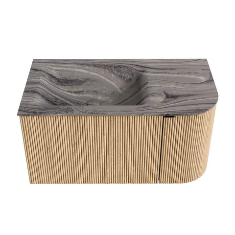 MONDIAZ KURVE-DLUX Meuble de salle de bains 85 cm arrondi à droite couleur Chêne avec 1 tiroir et 1 porte. Plan-vasque CLOUD à gauche sans trou de robinet Sombra. SW1434055