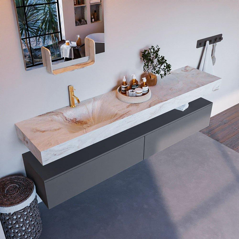 Mondiaz ALAN-DLUX Ensemble de meuble - 200cm - meuble Plata mat - 2 tiroirs - Lavabo Cloud Frappe suspendu - vasque Gauche - 1 trou de robinet SW805300