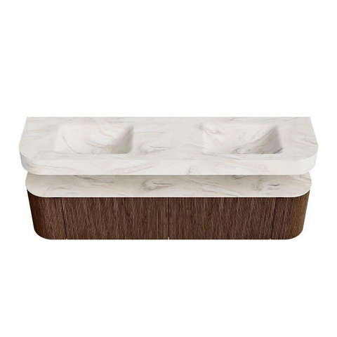 MONDIAZ THOR-DLUX Meuble de salle de bains - 190cm - arrondi gauche + droite - couleur Walnut - 2 tiroirs et 2 portes - Vasque suspendue CLOUD Double 2 trous de robinet - couleur Ostra SW1466458