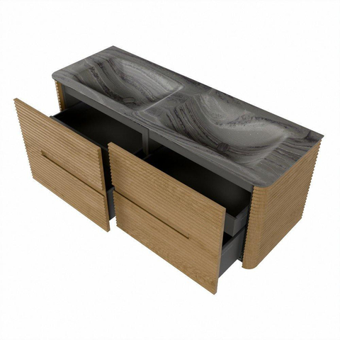 Mondiaz CIRO-DLUX Meuble de salle de bains - 130x45x50cm - Plan-vasque solid surface Sombra - 2 vasques double - 2 trous de robinet - 4 tiroirs - Chêne SW1531262