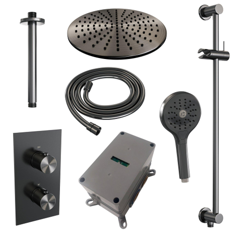 Brauer Gunmetal Edition Ensemble de douche de tête encastré - douche de tête 30 cm - 2 fonctions - barre de douche - incluant partie encastrée - douchette ronde 3 jets - PVD - gunmetal brossé SW715893