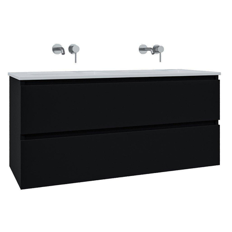 Saniclass Chaci Meuble de salle de bain - 120x46x55cm - lavabo en céramique blanc - 2 vasques - sans trous de robinet - 2 tiroirs - miroir rectangulaire - noir mat SW816577