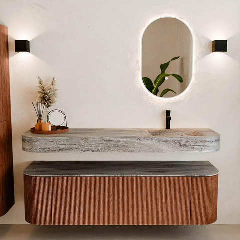 MONDIAZ THOR-DLUX Meuble de salle de bains 160cm arrondi gauche + droite couleur Ruby avec 1 tiroir et 2 portes. Vasque suspendue CLOUD Droite 1 trou de robinet couleur Oza. SW1465333
