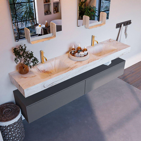 Mondiaz ALAN-DLUX Ensemble de meuble - 200cm - meuble Plata mat - 2 tiroirs - Lavabo Cloud Frappe suspendu - vasque Gauche et droite - 2 trous de robinet SW804924