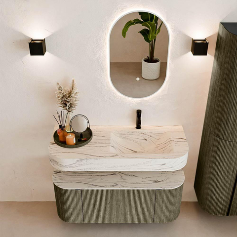 MONDIAZ THOR-DLUX 110cm badmeubel ronding links + rechts kleur Shadow met 1 lade en 2 deuren. Vrijhangende wastafel CLOUD Rechts 1 kraangat kleur Nata. SW1462974