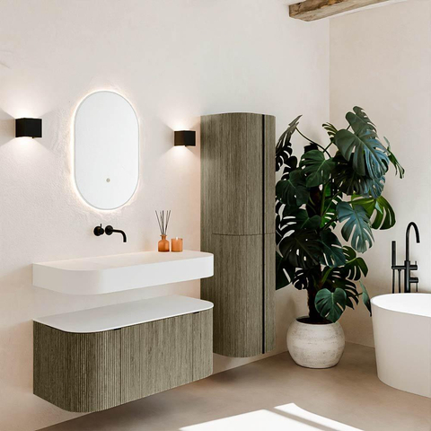 MONDIAZ THOR 100cm meuble de salle de bains arrondi gauche + droite couleur Shadow avec 1 tiroir et 2 portes. Vasque suspendue CLOUD Milieu sans trou de robinet couleur Talc. SW1467429