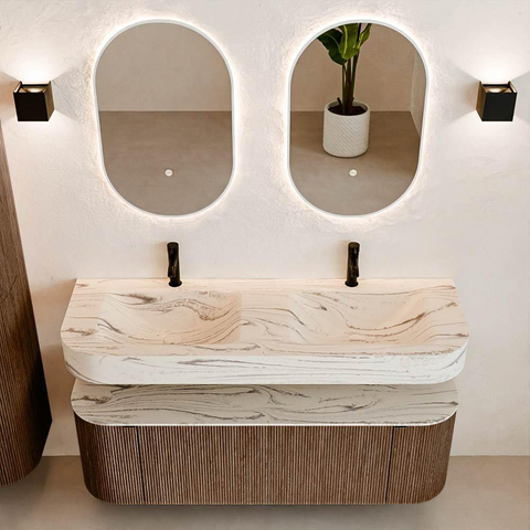 MONDIAZ THOR-DLUX Meuble de salle de bains 140cm arrondi gauche + droite couleur Walnut avec 1 tiroir et 2 portes. Vasque suspendue CLOUD Double 2 trous de robinet couleur Nata. SW1464468