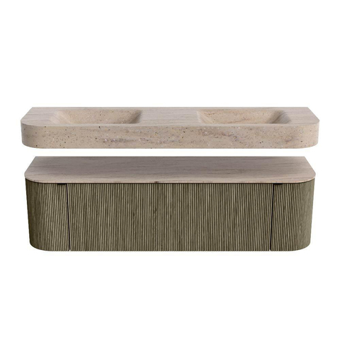 MONDIAZ THOR-DLUX 160cm meuble de salle de bains arrondi gauche + droite couleur Shadow avec 1 tiroir et 2 portes. Vasque suspendue CLOUD Double 2 trous de robinet couleur Saba. SW1465373