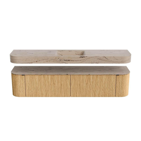 MONDIAZ THOR-DLUX Meuble de salle de bains - 200cm - arrondi gauche + droite - couleur Oak - 2 tiroirs et 2 portes - Vasque suspendue CLOUD Milieu sans trou de robinet - couleur Arena SW1467056