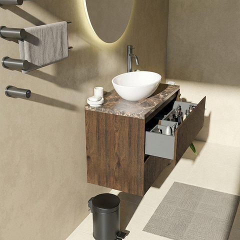 Saniclass Holz Atelier Badkamermeubelset - 80x45x63cm - Noche natuurstenen topblad dark emperador - 1 kraangat - 2 lades - mat eiken charcoal (hout) SW1478266