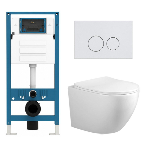 Adema Salina 2.0 Toiletset - 48.5x36x32cm - diepspoel - spoelrandloos - QeramiQ inbouwreservoir - softclose - quickrelease - toiletzitting - glans witte kunststof bedieningsplaat - ronde knoppen - wit SW1474599
