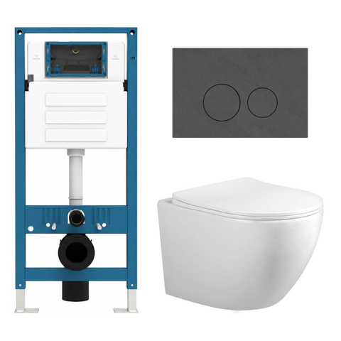 Adema Salina 2.0 Toiletset - 48.5x36x32cm - diepspoel - spoelrandloos - QeramiQ inbouwreservoir - softclose - quickrelease - toiletzitting - donker marmeren natuurstenen bedieningsplaat - ronde knoppen - wit SW1474567