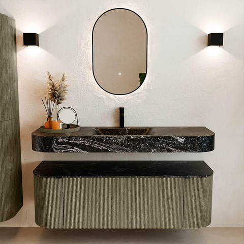 MONDIAZ THOR-DLUX 140cm badmeubel ronding links + rechts kleur Shadow met 1 lade en 2 deuren. Vrijhangende wastafel CLOUD Midden 1 kraangat kleur Lava. SW1464129