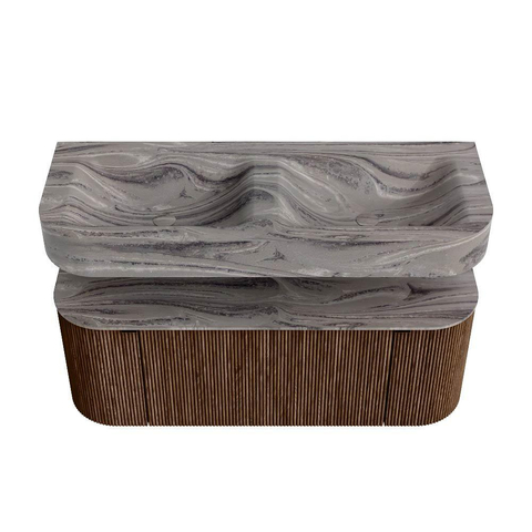MONDIAZ THOR-DLUX 120cm meuble de salle de bains arrondi gauche + droite couleur Walnut avec 1 tiroir et 2 portes. Vasque suspendue CLOUD Double 2 trous de robinet couleur Sombra. SW1463651