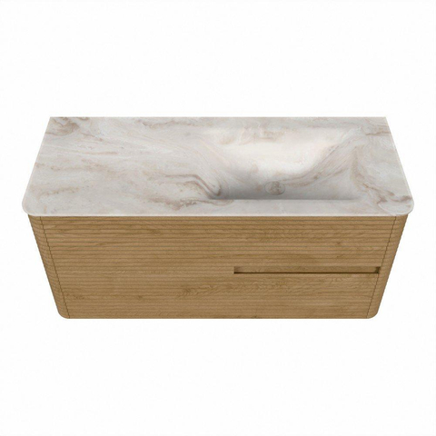 Mondiaz CIRO-DLUX Meuble de salle de bains - 110x45x50cm - lavabo solid surface Frappe - 1 vasque à droite - sans trous de robinetterie - 2 tiroirs - Chêne SW1530889