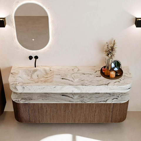 MONDIAZ THOR-DLUX 170cm meuble de salle de bains arrondi gauche + droite couleur Walnut avec 1 tiroir et 2 portes. Vasque suspendue CLOUD Gauche sans trou de robinet couleur Glace. SW1465573