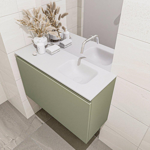 MONDIAZ OLAN Toiletmeubel 80x30x40cm met 0 kraangaten 1 lades army mat Wastafel Lex rechts Solid Surface Wit SW473315