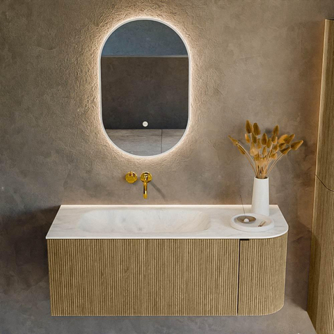Mondiaz KURVE-DLUX Ensemble meuble de salle de bains - 115x46x40cm - 1 tiroir - 1 porte - lavabo solid surface - gauche - sans trou de robinet - Dusk SW1415065