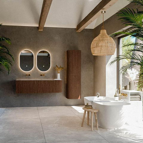 MONDIAZ KURVE-DLUX Meuble de salle de bains 145cm arrondi à droite couleur Walnut avec 1 tiroir et 1 porte. Vasque BIG LARGE à gauche sans trou de robinet Sombra. SW1433677