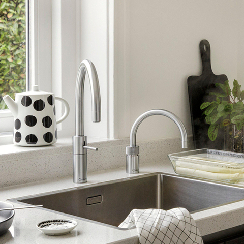 Quooker Nordic Round Twintaps kokendwaterkraan - draaibare uitloop - Combi incl. Cube reservoir - Warm / kokend water - RVS SW299698
