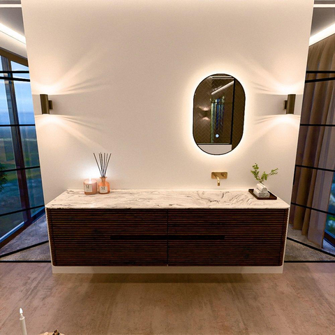Mondiaz CIRO-DLUX Meuble de salle de bains - 190x45x50cm - plan-vasque en Solid surface Glace - 1 lavabo à droite - sans trous de robinetterie - 4 tiroirs - Noyer SW1530129