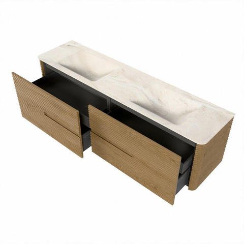 Mondiaz CIRO-DLUX Badkamermeubelset - 180x45x50cm - Solid surface wastafel Ostra - 2 wasbak Dubbel - 2 kraangaten - 4 lades - Oak SW1530933