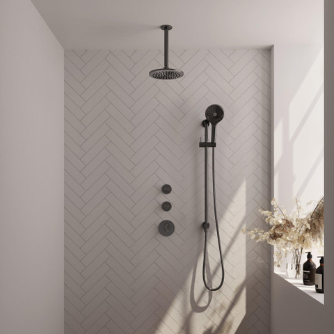 BRAUER Gunmetal Edition ensemble de douche pluie encastré – douche de tête Ø 20 cm – bras de plafond 20 cm – douchette ronde – barre de douche 70 cm SW715865