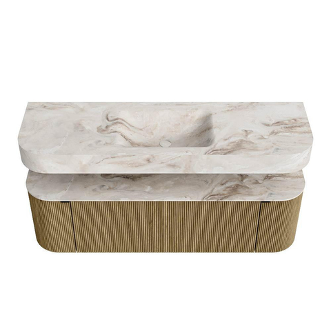 MONDIAZ THOR-DLUX 150cm meuble de salle de bains arrondi gauche + droite couleur Dusk avec 1 tiroir et 2 portes. Vasque suspendue CLOUD Milieu 1 trou de robinet couleur Frappe. SW1464490