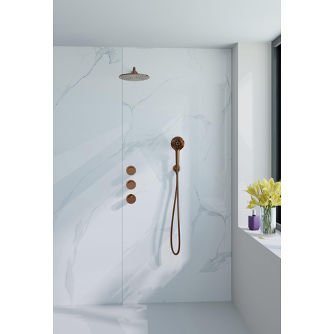 Fortifura Nebbio Regendoucheset - inbouwkraan - inbouwdeel - wandaansluitbocht - doucheslang glad - ronde handdouche - 35cm - wandarm - 30cm ronde hoofddouche - PVD - geborsteld koper SW1237507