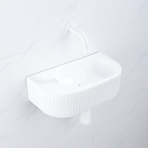 QeramiQ Fuente pack lave-mains – demi-rond – 40 x 21,5 x 12 cm – céramique blanc mat – robinet blanc mat – cannelé SW1233095