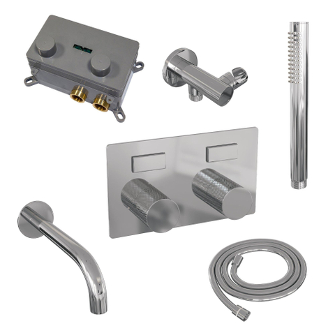 BRAUER Chrome Carving mitigeur de bain encastré thermostatique - boutons poussoirs SET 03 - bec - douchette barre - flexible de douche - coude de raccordement mural - chrome SW925502