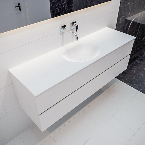 ENSEMBLE DE MEUBLE MONDIAZ VICA - 150 cm - 2 tiroirs - lavabo Moon central - 0 trous de robinet - solid surface talc SW409806