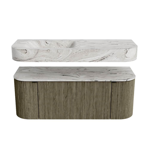 MONDIAZ THOR-DLUX 120cm meuble de salle de bains arrondi gauche + droite couleur Shadow avec 1 tiroir et 2 portes. Vasque suspendue CLOUD Gauche sans trou de robinet couleur Glace. SW1463156