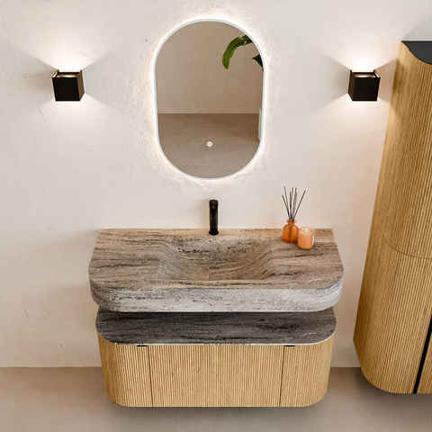 MONDIAZ THOR-DLUX 110cm badmeubel ronding links + rechts kleur Oak met 1 lade en 2 deuren. Vrijhangende wastafel CLOUD Midden 1 kraangat kleur Oza. SW1462960
