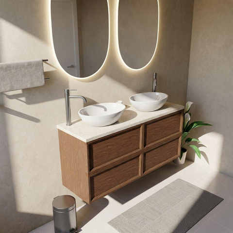 Saniclass Holz Frame Badkamermeubelset - 140x45x63cm - Travertine natuurstenen topblad - 2 kraangaten - 4 lades - glans walnut pure (hout) SW1580045