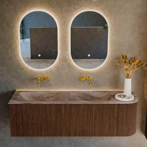 MONDIAZ KURVE-DLUX Meuble de salle de bains 145cm arrondi à droite couleur Walnut avec 1 tiroir et 1 porte. Lavabo LEAF Double / à gauche sans trou de robinet Oza. SW1432463
