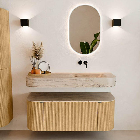 MONDIAZ THOR-DLUX 120cm meuble de salle de bains arrondi gauche + droite couleur Oak avec 1 tiroir et 2 portes. Vasque suspendue CLOUD droite sans trou de robinet couleur Arena. SW1463435