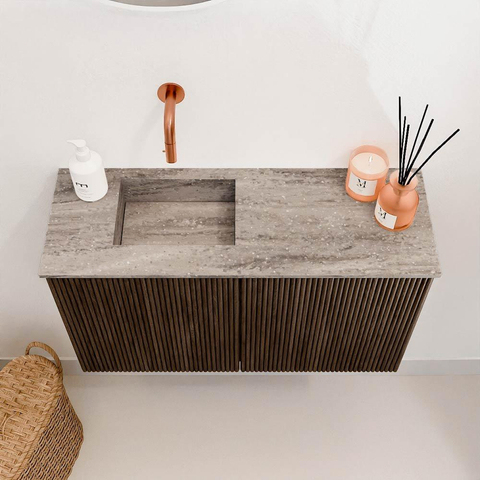 Mondiaz JOYA-DLUX 70cm toiletmeubel - kleur Walnut - Wastafel FAYE positie Links Zonder kraangat kleur Oza. SW1424559
