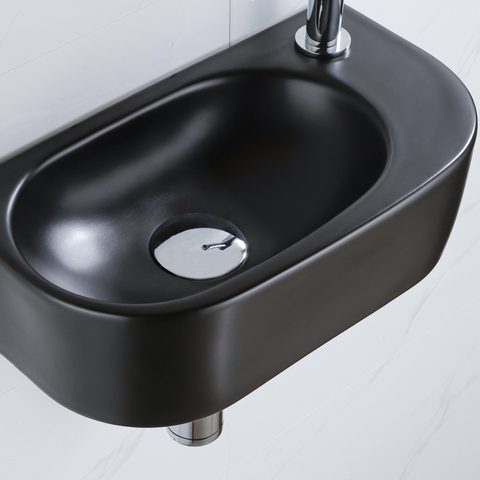 QeramiQ Fuente pack lave-mains – demi-rond – 40 x 21,5 x 12 cm – céramique noir mat – perçage à droite – robinet chromé SW1232787