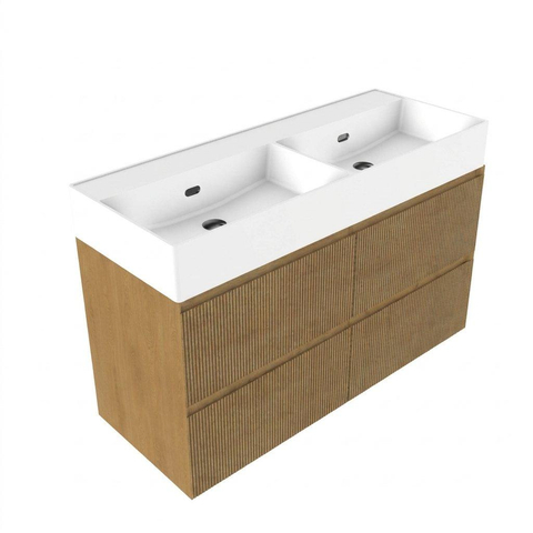 Saniclass Holz Atelier Badkamermeubelset - 120x45x72cm - Legend keramische wastafel mat wit - 2 wasbakken - zonder kraangaten - 4 lades - mat eiken natural (hout) SW1596144