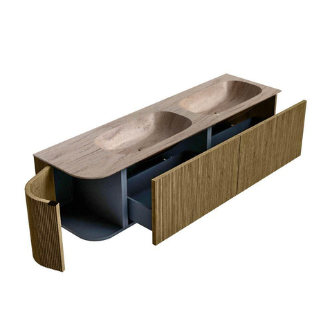 MONDIAZ KURVE-DLUX 165cm meuble de salle de bains arrondi Gauche couleur Dusk avec 2 tiroirs et 1 porte. Lavabo STOR SMALL Double / Droite 2 trous de robinet Saba. SW1433392