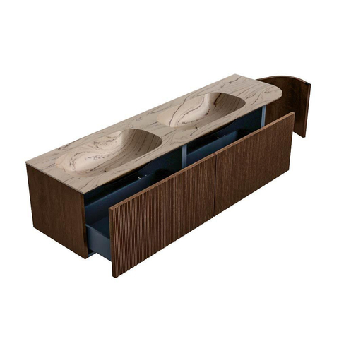 MONDIAZ KURVE-DLUX 175cm badmeubel ronding Rechts kleur Walnut met 2 lades en 1 deur. Wastafel STOR SMALL Dubbel / Links zonder kraangat Arena. SW1431257